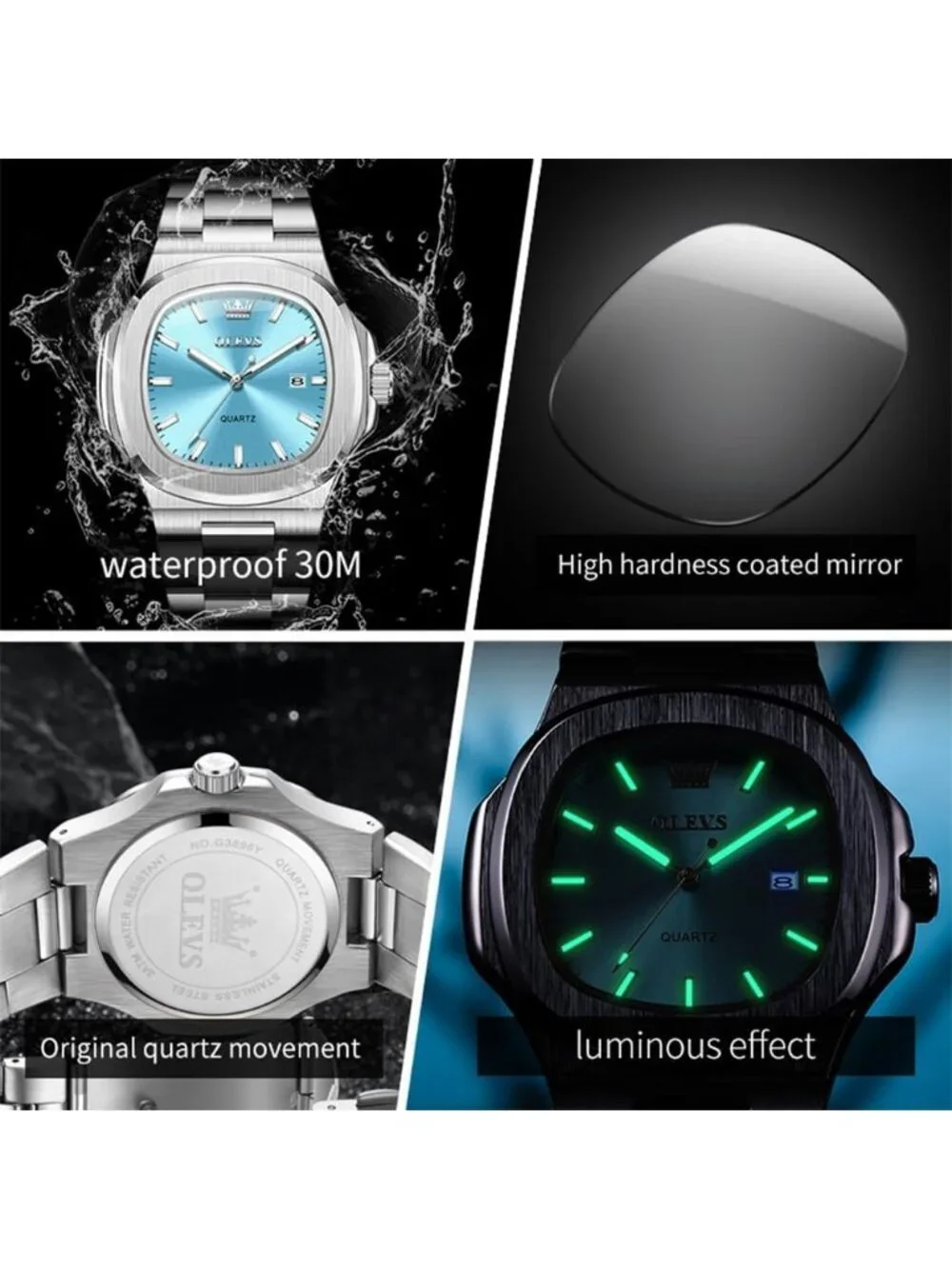 Men's Silver/Tiffany Blue Luxury Octagon Stainless Steel Waterproof Dress Watch